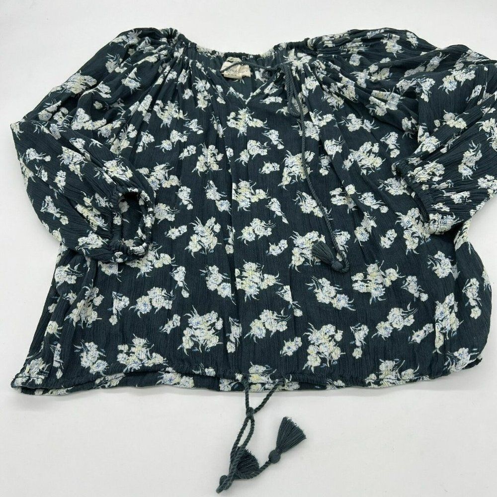 Denim & Supply Top Women Small Blue White Floral Tasseled Oversize RL Boho Shirt
